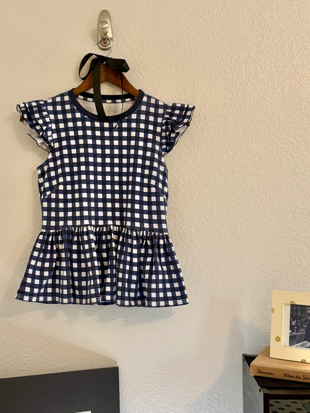 kate spade Navy and White Gingham Ruffle Sleeve Peplum Top